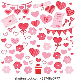 Set elements for Valentine's Day card: balloons, gift box, heart key, arrow, lot of hearts, letter, message, envelope. Great for design, print, textile, postcard. Vector illustration.