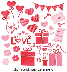 Set elements for Valentine's Day cards: balloons, gift box, heart key, arrow, heart, sweets, letter, message, envelope, ribbons. Great for design, print, textile, postcard. Vector illustration.