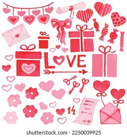 Set elements for Valentine's Day cards: balloons, gift box, heart key, arrow, heart, sweets, letter, message, envelope, ribbons. Great for design, print, textile, postcard. Vector illustration.