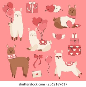 Set of elements for Valentine's Day. Cartoon alpaca with balls, gifts, hearts, love letter, bow. Flat vector illustration.