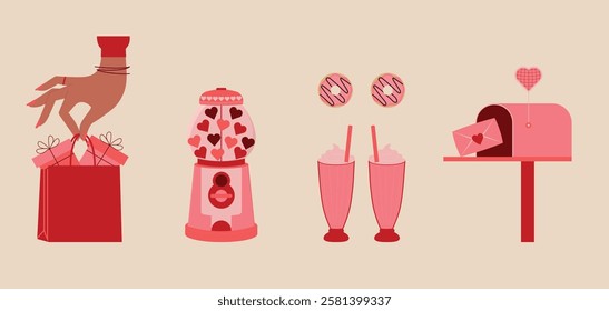 Set of elements for Valentine's Day. Chewing gum machine, milkshake, donut, mailbox with letter, gift bag in hand. Isolated vector illustration.