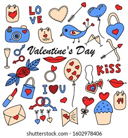 Set of elements for Valentine's Day. Color vector illustration. Doodle style objects, hand-drawn and isolated on a white background. Collection of cute elements for design
