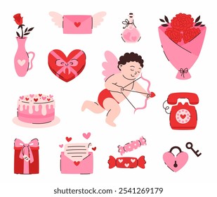 Conjunto de Elementos para el día de San Valentín. Cupido, flores, cartas de amor, dulces, regalos, corazones. Ilustración vectorial plana.