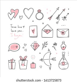 Set of elements for Valentine's Day. Cute objects isolated on white background for cards, banners, posters, scrapbooking. Vector, Eps 10
