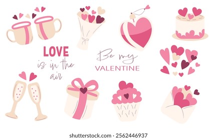 Set of elements for Valentine's Day. Flat illustration