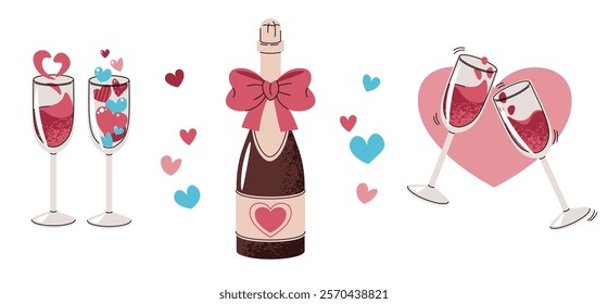 Set of elements for Valentine's day in flat cartoon style. Cute stickers on isolated background. Champagne, alcohol, glass of wine with hearts.