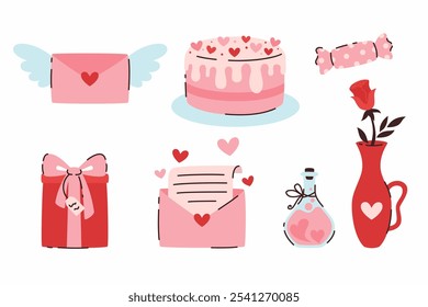 Conjunto de Elementos para el día de San Valentín. Flores, cartas de amor, dulces, regalo, poción.  Ilustración vectorial plana.