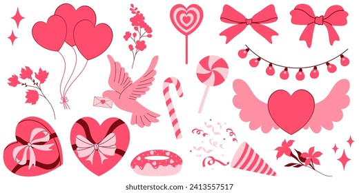 Set of elements for Valentine's Day. Gift, heart, balloon, flowers, bow, sweets and other decorative items. Sticker in cartoon style. Vector illustration.
