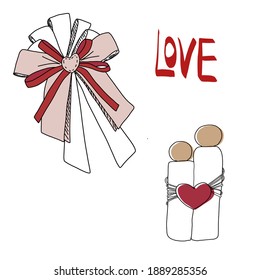 a set of elements for a Valentine's day greeting card. Festive bow on the neck, red inscription love, abstract figurine in the form of lovers.