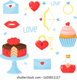 Set of elements for Valentine's day: heart, cake, cupcake, arrow and bow, ring, letter, elixir of love, lock with key. Vector illustration in cartoon style.