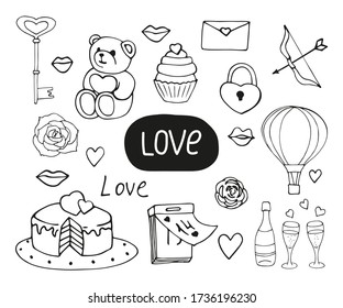 Set of elements for Valentine's Day: heart, cake, cupcake, Arrow and bow, letter, elixir of love, lock with key. Vector illustration in monochrome colors.