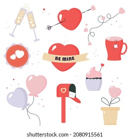 Set of Elements for Valentine's Day.  Heart, letter, champagne, cup, cupcake.