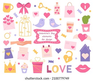 Set of elements for Valentine's Day: heart, gift box, birds, key, cage, cupcake, envelope with letter and more. Suitable for scrapbooking, greeting cards, invitations. Vector illustration