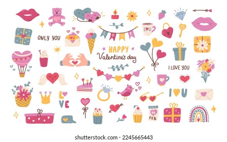 Set elements for Valentines Day. Heart, balloon, gift, kiss and other decorative elements with lettering. Flat illustration in hand drawn style