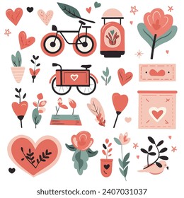 Set of  elements for Valentine's Day. Heart, car, balls, flowers, garland, sweets on a white background. Love stickers set.