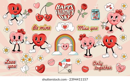 A set of elements for Valentines Day. Hearts characters in retro style 60x, 70x