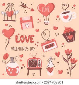 Set of elements for Valentine's Day. Set of icons for the holiday. Set of vector objects for Valentine's Day
