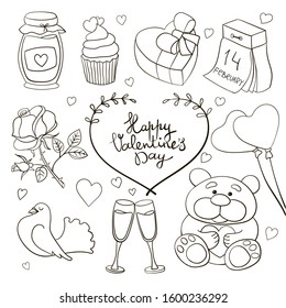 Set of elements for Valentine's Day: jar, cupcake, present, calendar, rose, balloons, dove, glasses, teddy bear, Happy Valentine's Day. Cartoon doodle style, black stroke on a white background.
