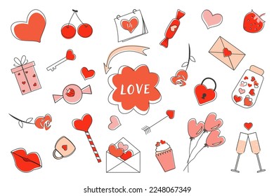 A set elements for Valentine's Day from lines  arrows  hearts  envelopes  flowers  inscriptions  locks  in the style doodles