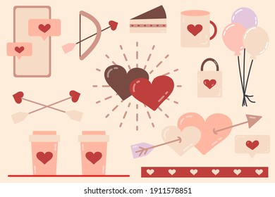 Set of elements for Valentines Day. Love vector illustration. The 14th of February. Drawings for a postcard and a banner. social networks, online communication. 
