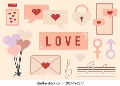 Set of elements for Valentines Day. Love vector illustration. The 14th of February. Drawings for a postcard and a banner. social networks, online communication. 