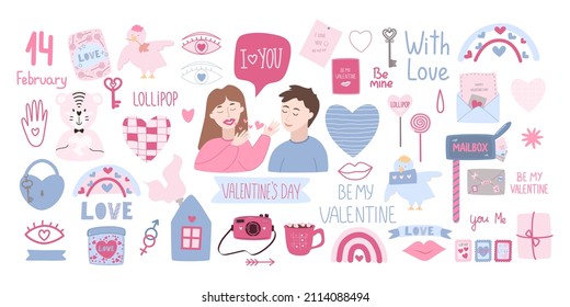 Set of elements for Valentine's Day. Loving couple, heart, cute house, lips, quotes, castle, mail. Stickers in cartoon style. Flat Vector Illustration.
