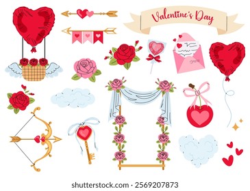 Set elements for Valentine's Day on a white background.   Swing, bow and arrow, hearts, letter, lollipop.