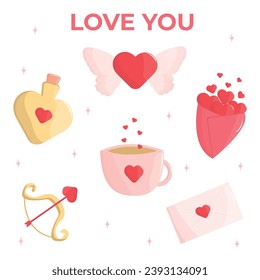 Set of elements for Valentine's Day. Sticker in cartoon style. Vector illustration.