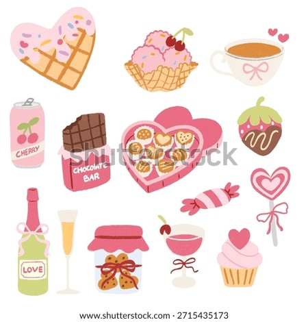 Set of elements for Valentine's day. Sweets and dessert. Cakes, waffles, candies, chocolate, strawbery, ice cream, and flowers. Crayon Vector Style