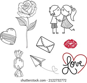 Set elements Valentine's Day. Vector illustration isolated on white background. Heart shapes, flowers, love inscription, letter, kisses and chocolates. Hand drawn vector