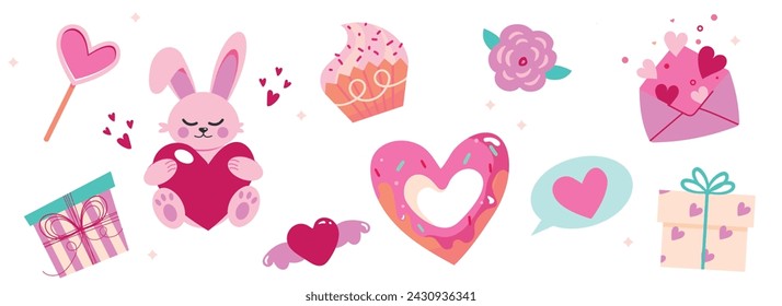 Conjunto de elementos para el día de San Valentín. Ilustración vectorial de objetos festivos románticos: lollipop-corazón, conejito sosteniendo un corazón, cupcake, donut, regalo, sobre de amor, flor aislada sobre fondo blanco.