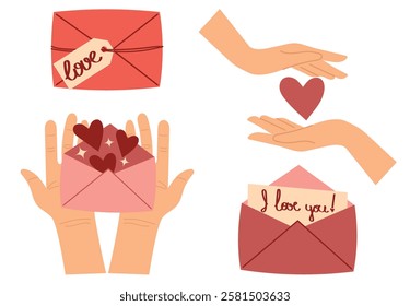 Set of elements for Valentine's Day. Vector illustration of hands holding a heart and an envelope. Love letter, open envelope, perfect for romantic stickers