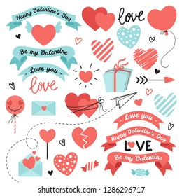 Set of elements for Valentines Day, wedding design. Includes hearts, ribbons, sweets, letters, envelopes, arrows. Love elements for your design.