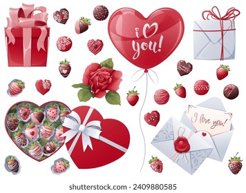 Set of elements for Valentine's Day, wedding. Clip art for holiday cards, banners, flyers. Stickers of roses, ball, strawberries on an isolated background.