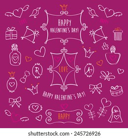 Set of elements for Valentine's Day, wedding. Frames, hearts, crowns, birds. Hand drawing sketches. Doodles. Vector.