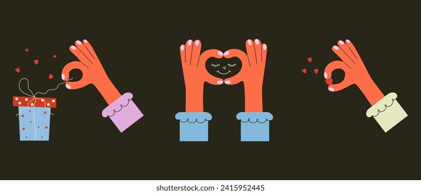 Set of elements for Valentine's Day.'The hand unties the gift box, holds a small heart,shows the "heart" gesture.Vector illustration in the style of a naive hand drawing.Holiday design sticker,print