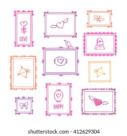 Set of elements for Valentine's, Mother's Day, birthday, wedding. Decorative vintage  colored frames. Doodles, sketch for your design. Vector illustration.
