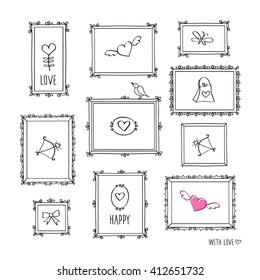 Set of elements for Valentine's, Mother's Day, birthday, wedding. Decorative vintage frames. Doodles, sketch for your design. Vector illustration.