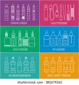 Set of elements for Vapor bar and vape shop, electronic cigarette icon, no smoke. Line modern Flat design icon vector illustration set for your web design