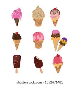 A set of elements, a variety of ice cream, sprinkling, cherry and wafer. Watercolor illustration