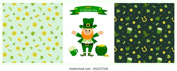 Set of elements of vector design of St. Patrick's Day with two seamless patterns on a green background and a banner with a leprechaun and a pot of gold, clover, St. Patrick's Day inscription