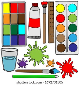 set of elements, vector illustration in bright colors, paints and brushes for drawing, materials and tools for the artist, isolate on a white background