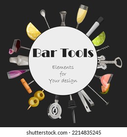 Set of elements. Vector illustration of different bar tools equipment,glasses drinks,olives,lemon,lime behind the white circle isolated on black. World bartender day.bars,pubs,cards,clubs concept.
