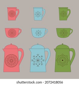 Set of elements. Vector illustration. Grey background. Cups and teaposts for tea or coffee.