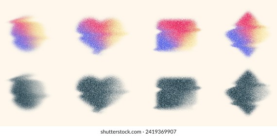 Set of elements with vector noise texture, holographic blur abstract background. Colored watercolor gradient mesh of gradations of neon iridescent colors and in black and white version.