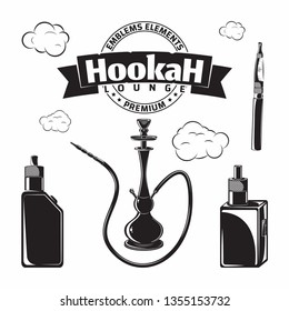 Set of elements for vintage hookah lounge or shop logo, vape bar or house emblem design, monochrome icons isolated on white background, vector