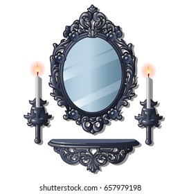 Set of elements vintage interior isolated on white background. Two candles in wall sconces, mirror in the ornate florid frame and forged a shelf. Vector cartoon close-up illustration.