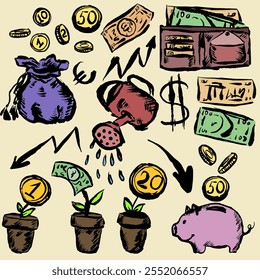 Set of elements. Vintage style.Hand drawn with texture. Doodle. Brush strokes, ink. Coins and wallet. Growth of money. Piggy bag and arrows. Vector isolated.