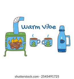 Set of elements warm vibe. Mugs with hot drink, thermos and stove with burning wood. Winter season. Colorful vector isolated illustration hand drawn doodle. Cozy atmosphere