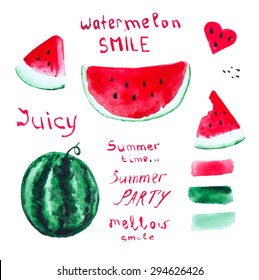 Set of elements watercolor watermelon.  Hand drawing. 